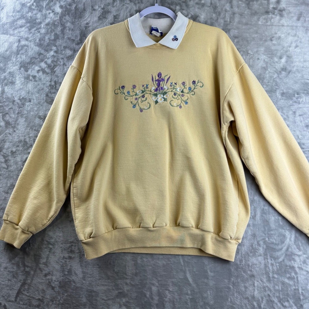 PFI Fashions Sweatshirt Womens XL Yellow Floral Embroidered Collared (1709)